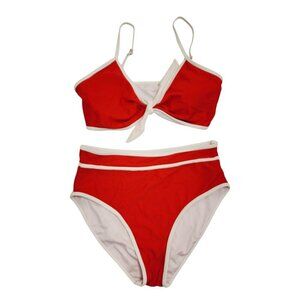 Red High-Waist Bikini Swimsuit White Trim Tie-Front Top Adjustable Straps Size L